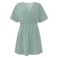 Просвета летни рокли за жени с къс ръкав мини ежедневни отпечатана рокля с V-образно деколте зелено xl