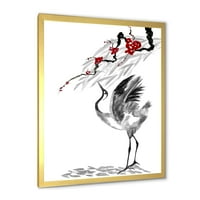 Дизайнарт 'Червени Цветя С Японски Жерави Птица Рисунка' Традиционна Рамка Арт Принт