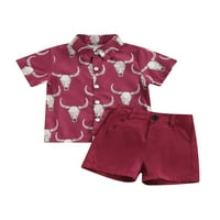 Mubineo Toddler Boy Gentleman Clothes Suits Western Cow Head Print с къси ръкави спускане на якички върхове и къси панталони