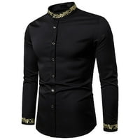 Мъжки нов есенен стил модна бродирана отпечатана риза с дълъг ръкав блуза черна m