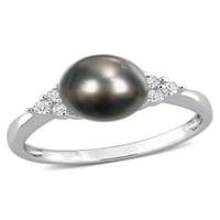 Черен таитянски култивирана сладководна перла и карат Т. У. диамант стерлингов Сребърен класически пръстен