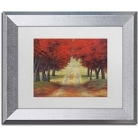 Изкуство 'Есенна пътека' платно от Даниел Моисес, бяла матова рамка, сребърна рамка