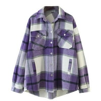 Symoid Womens Coats & Jackets- Модна ежедневна четка горен ревел джоб единично гърди проверка вълново яке лилаво l