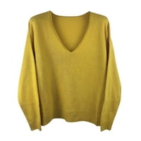 Dtydtpe пуловери за жени, пуловер с V-образно деколте на жените удобни слеп с дълъг ръкав в лек случай на жълто