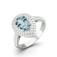 3. CTW Blue Topaz Gemstone Sterling Сребърна круша форма Halo жени сватбен пръстен