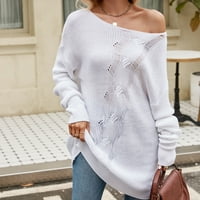 Таймгард от рамото пуловери за жени Модерен случайни цвят Дълъг ръкав кръг врата Пуловер, бял, л