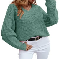 Небрежни обикновени V вратни пуловери с дълъг ръкав зелени жени пуловери