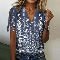 Tking fashion дамски летни туники тениски с къс ръкав ежедневен v отпечатан бутон за вратовръзка на врата тъмносин m m