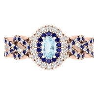Ослепителна колекция 6х овален Аквамарин с кръгъл син сапфир и бял диамант преплитащ Двоен ореол сватбен пръстен за жени в 10к Розово злато, Размер 6.5