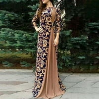 Дамски рокли в-Деколте Мода печатни Макси А-линия Ръкав лятна рокля Кафяв 3хл