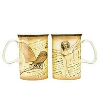 Комплект чай от 2 части, две унции порцеланови кафе и чаени чаши с витрувийски човек и летяща машина на Леонардо да Винчи