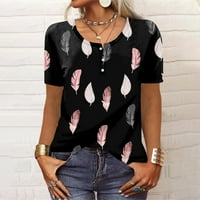 Qcmgmg тениски с къс ръкав за жени за ежедневни класически копчета за приспособяване на върховете флорални летни блузи на Хенли Черно XL