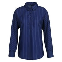 Дамски плюс размер памучно бельо и райета блуза ревера v вратна риза с дълъг ръкав Моден бутон надолу туника тениски тъмно синьо m