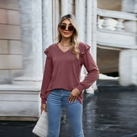 Ризи с дълъг ръкав за жени ежедневни върхове на върхове свободни годни за памучно пуловер с v-образно деколте