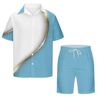 Кратък комплект Wyongtao за мъже Печат поло ризи с къс ръкав плаж блуза и къси панталони, син M