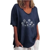 Odeerbi дамски памучни бельо върхове ежедневни рохкави флорални ризи за печат екипаж с къс ръкав блузи синьо