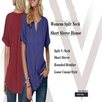 Langwyque с къс ръкав твърд цвят V-образно деколте жени ежедневни блузи върхове