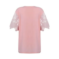 Женски ризи женски модна дантела пачуърк разхлабена тениска с късо ръкав с v-образно деколте розово s