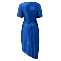 Летни рокли Лятна сатен миди рокля с късо ръкав талия елегантни а-лайн рокли рокли за жени елегантно синьо xx-l