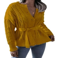 Женските бутони Отворете предния пуловер с талията с твърд цвят плетен жилетка