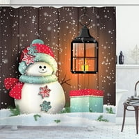Sonernt Коледна завеса за душ, снежен човек с шапка на Дядо Коледа в градината с подарък BO и свещ карикатура изображение, плат плат комплект за баня с куки, бяло кафяво