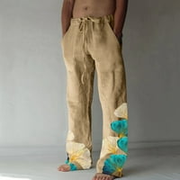 Qiaocaity мъже летни панталони ежедневни широки крака леки панталони отпечатани дантелени пуловери с пълна дължина панталони бежови l