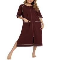 Нойла дами сънна рокля солиден цвят нощник ръкав одежди жени пижами за къщи на екипаж от врата долака вино червено 2xl