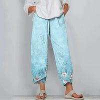 Памучни и ленени панталони от женски панталони от панталони с мода модна печат с висока талия прави панталони с джобове свободно време удобни леки спортни панталони светло синьо xl