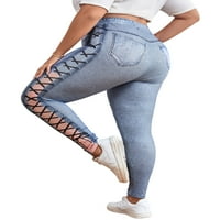Удрящи жени фалшиви дънки задника вдигане на огромни фауни деним панталон плюс размери гамаши дами тънки годни спортни панталони сиво син XL