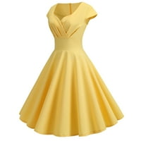 HGW рокли за жени дамски модни ежедневни V-v-veck късо ръкав твърд цвят дължина на коляното рокля жълт xxl