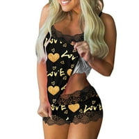 Жени пижама клирънс $ 5,00, любовна печат каишка комплект секси дантелена пижама комплект коприна пижама за жени жълт размер l