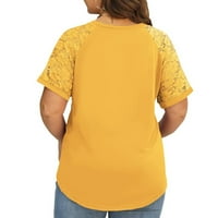 Лято Плюс размер върхове за жени, жените случайни тениска плюс размер Плътен цвят дантела в-врата хлабав къс ръкав пуловер блуза върхове
