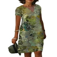 Grianlook жени лятен плаж Sundress v Neck къси рокли ръкав мини рокля дами ежедневни бохемски флорални отпечатани светло зелено s