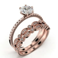 Красив Art Deco 2. Карат кръг отрязани диамантен мосанит годежен пръстен, сватбен пръстен, две съвпадащи ленти в 10k твърда розова злато, подарък за нейния подарък за приятелка обещание пръстен