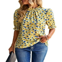 Wrcnote дами летни върхове с къс ръкав тениска флорална тениска за печат празник ruched tee crew neck пуловер жълто l