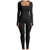 Leesechin Women Jumbsuits Bodysuit за плюс размер дълги ръкави с твърд цвят квадратна яка спорт