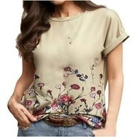 Блузи жени кръгла шия къса ръкав блуза модна флорална щампа тениска хлабава годни върхове khaki s