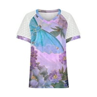 Женски върхове с къс ръкав графични щампи блуза ежедневни жени модни кръгли деколте ризи лилаво xl