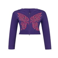 Жени Y2K Butterfly Pattern Full Zip плетен качулки e момиче реколта дълъг ръкав с качулка пуловер палто