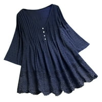 Cotonie Women Vintage Jacquard Три четвърт дантела V-образно деколте плюс размер на тениска блуза