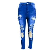 Женски кльощави разкъсани дънки летни панталони за продажба за момичета модни солидни дишащи бутон с цип небрежен средно издигане тъмно синьо s