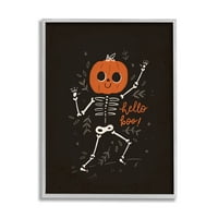 Здравейте Бу Хелоуин Усмихнат Скелет Празник Графично Изкуство Сива Рамка Изкуство Печат Стена Изкуство