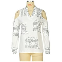 Блузи ризи Продажби Продажби за продажби Женски V Neck Pullover от рамото отпечатване на върхове с дълъг ръкав ВМС