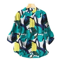 USMIXI Дамски ризи ръкав Crewneck Цвят пачуърк летни върхове модни бутон надолу плюс размер удобна памучна бельо блуза