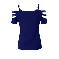 Женски по-студени върхове на рамото метална верига риза с цип непрекъснато къси ръкави с V-образно деколте отслабване прилягане на сплит върхове синьо л