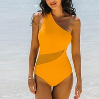 Един бански костюм за жени бански костюм секси монокини плаж ваканция плажовете едно рамо изрязани мрежи тънки един бански костюм тънък един бикини комплект жълт s