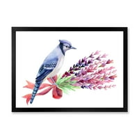 Дизайнарт 'Синя Сойка Птица Върху Букет От Розови Цветя' Традиционна Рамка Арт Принт